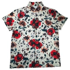 Floral Button‎ Down Shirt Poppy Print Short Sleeve Cream Red Orange